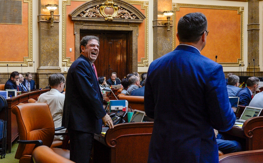 (Leah Hogsten  |  The Salt Lake Tribune)  L-r  Rep. Brian King, D-Salt Lake City laughs at a comment by Speaker Greg Hughes, R-Draper while answering questions about his medical cannibis bill for House members.  Utah legislators voted to change the Utah Medical Cannabis Act, the bill that officials, Prop 2 opponents and medical marijuana advocates crafted and pitched as a compromise, Monday, Dec. 2, 2018 during a special session. Lawmakers voted for an overwritten version of the ballot initiative.
