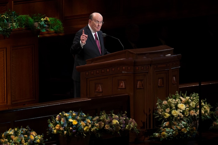 (Jeremy Harmon  |  The Salt Lake Tribune)  Elder Quentin L. Cook speaks during the Sunday afternoon session of General Conference on April 1, 2018.