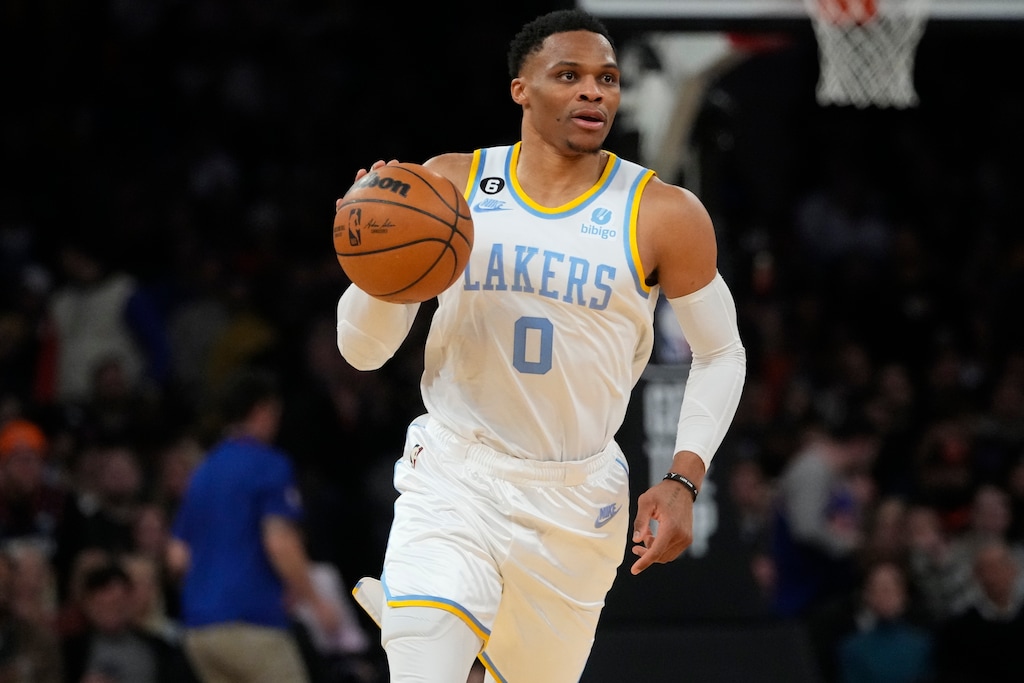 (Frank Franklin II | AP) Los Angeles Lakers' Russell Westbrook brings the ball up during the second half of the team's NBA basketball game against the New York Knicks on Jan. 31, 2023, in New York.
