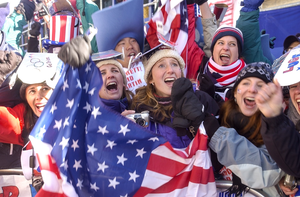 (Trent Nelson | The Salt Lake Tribune) Fans watching the Doubles Luge competition at the Utah Olympic Park, 2002 Olympic Winter Games on Friday, Feb. 15, 2002.
