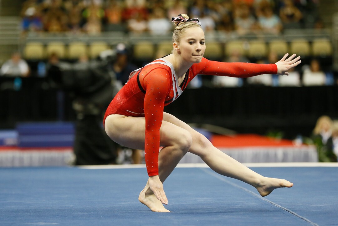 MyKayla Skinner performs in the floor exercise at the U.S. women's gymnastic championships on Saturday, Aug. 23, 2014, in Pittsburgh. (AP Photo/Keith Srakocic)