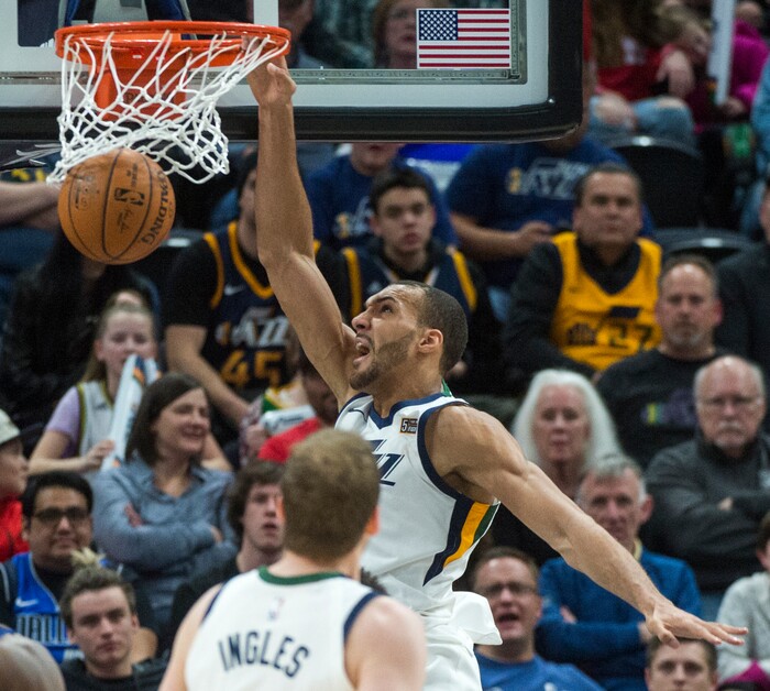 (Rick Egan  |  The Salt Lake Tribune)   Utah Jazz center Rudy Gobert (27) dunks the ball in NBA action between Utah Jazz and Dallas Mavericks in Salt Lake City, Saturday, Feb. 24, 2018.