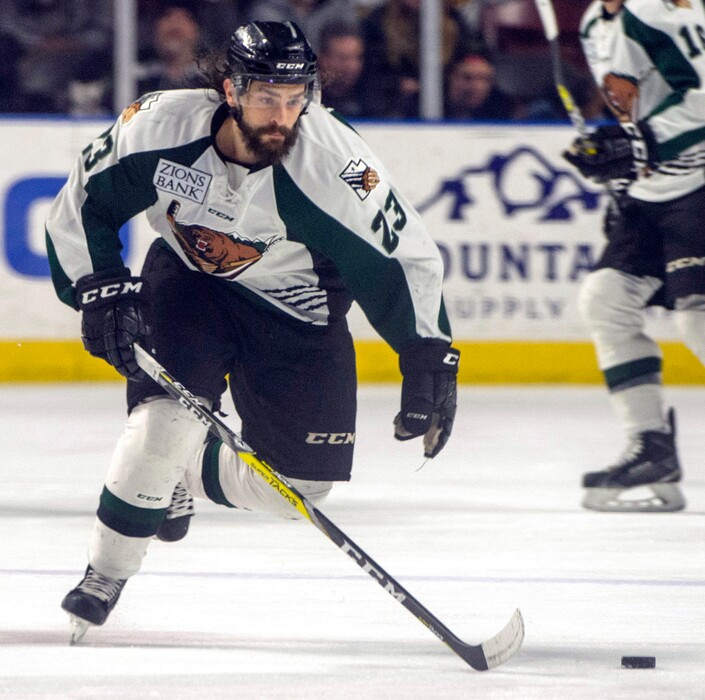 Rick Egan  |  The Salt Lake TribuneUtah Grizzlies forward Jon Puskar (23) brings the puck down the ice, in ECHL hockey action, Utah Grizzlies vs. Idaho Steelheads, at the Maverick Center, Monday, January 16, 2017.