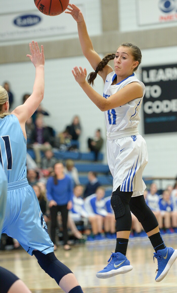 (Leah Hogsten  |  The Salt Lake Tribune) Fremont's Karlie Valdez (11) makes the pass. Fremont faces Westlake in their semifinal game of the 6A High School Girls' Basketball Tournament at SLCC in Taylorsville, Friday, Feb. 23, 2018. 