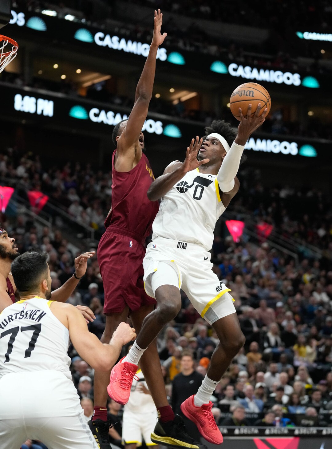 (Francisco Kjolseth  |  The Salt Lake Tribune) Utah Jazz forward Taylor Hendricks (0) makes a shot as the Utah Jazz host the Cleveland Cavaliers in NBA action at the Delta Center in Salt Lake City on Tuesday, April 2, 2024.