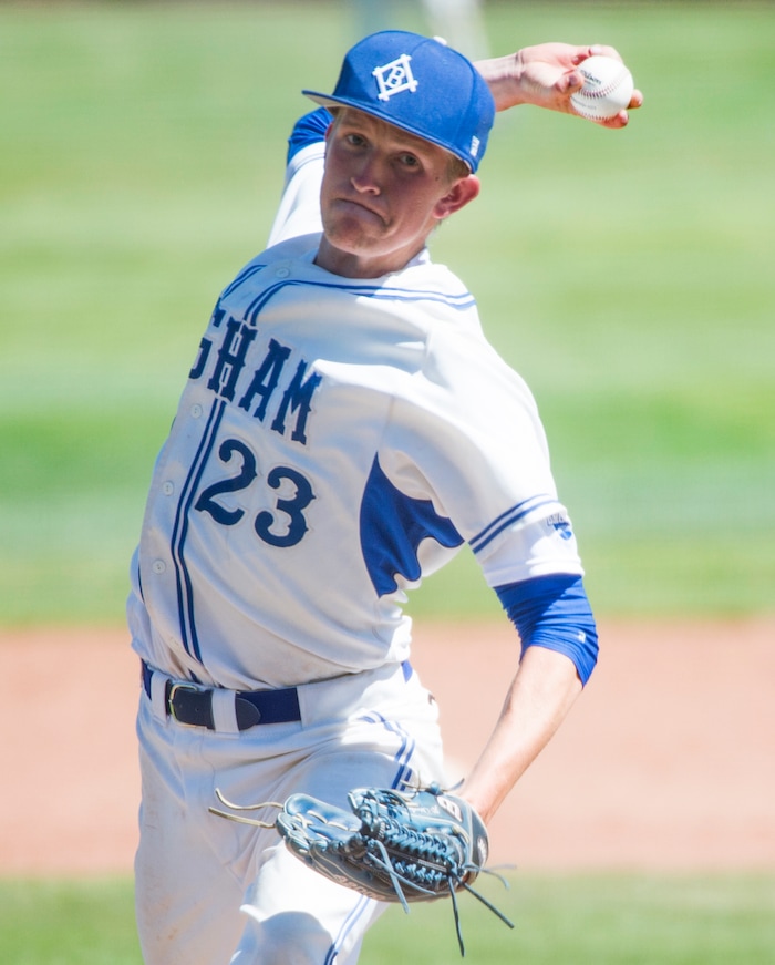 (Rick Egan  |  The Salt Lake Tribune)  Jackson Dial pitches for Bingham in 6A state baseball championship action between Riverton and Bingham, at UVU in Orem, Friday, May 25, 2018.