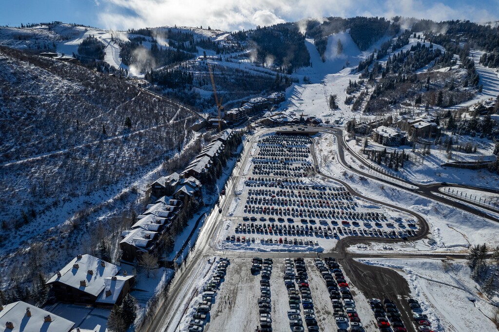 (Trent Nelson  |  The Salt Lake Tribune) Parking lots for the Snow Park Lodge at Deer Valley on Saturday, Dec. 9, 2023. The resort wants to develop a village on the lots and has asked to take over a portion of Deer Valley Drive as part of its plan.