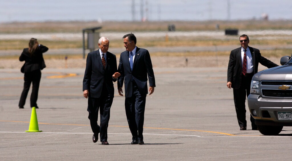 Francisco Kjolseth  |  The Salt Lake TribuneRepublican presidential candidate, former Massachusetts Gov. Mitt Romney, center right, arrives in Salt Lake City on Friday, June 8, 2012, during a campaign stop fund-raiser and to do a grip-and-grin for Sen. Orrin Hatch.