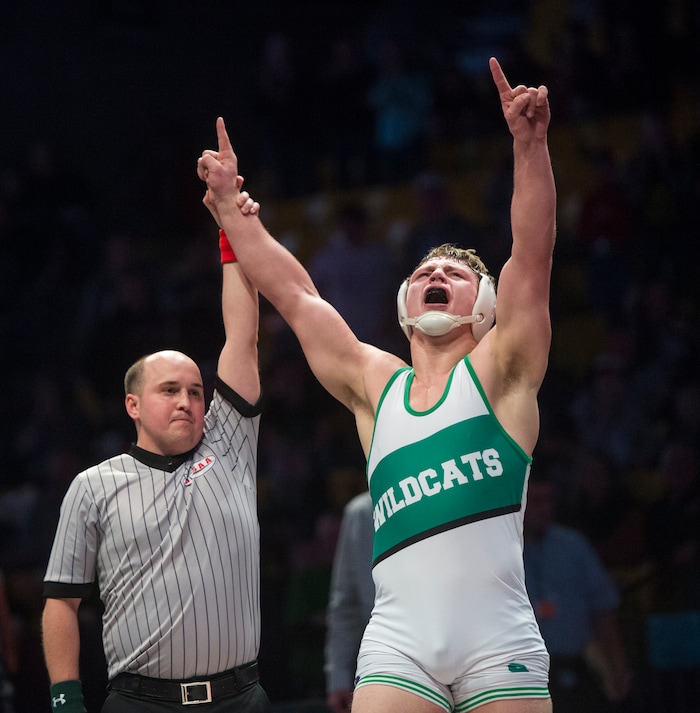 (Rick Egan  |  The Salt Lake Tribune)   Porter Fox (South Summit) celebrates his win over Bradden Davis (Delta) in the 285 weight class, (Dec 5-3) in 3A State Wrestling at UVU in Orem, Saturday, February 10, 2018.