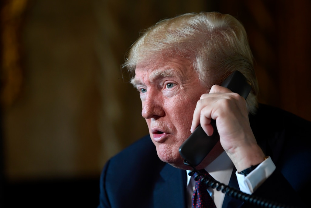 (Susan Walsh  |  AP Photo)  President Donald Trump talks with troops via teleconference from his Mar-a-Lago estate in Palm Beach, Fla., Thursday, Nov. 22, 2018.