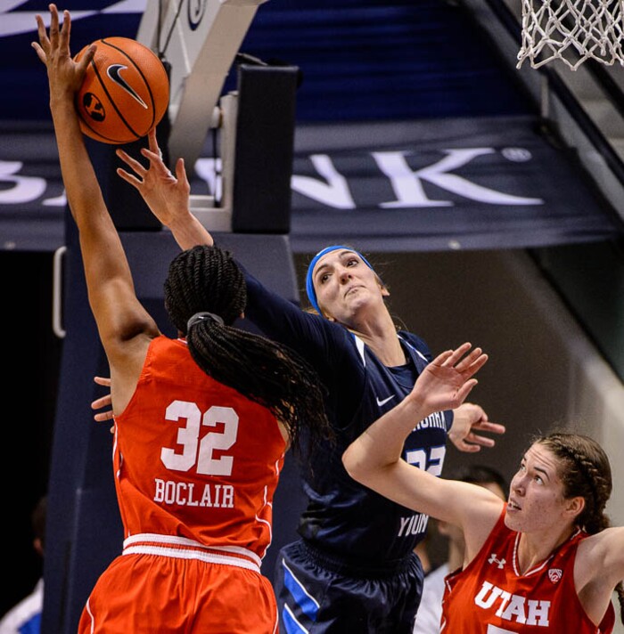 (Trent Nelson | The Salt Lake Tribune)  Brigham Young Cougars center Sara Hamson (22) blocks a shot by Utah Utes forward Tanaeya Boclair (32) as BYU hosts Utah, NCAA women's basketball in Provo, Saturday December 9, 2017.