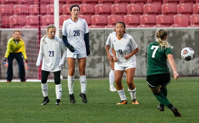 (Leah Hogsten | The Salt Lake Tribune) RHSM's Camryn Kennedy's (7) penalty kick soars with a bend right into the net for a second half goal to tie the game. Waterford School defeated Rowland Hall-St. Marks High School, 4-3 to win the 2A State Soccer Championship game Oct. 23, 2021 at Rio Tinto Stadium.