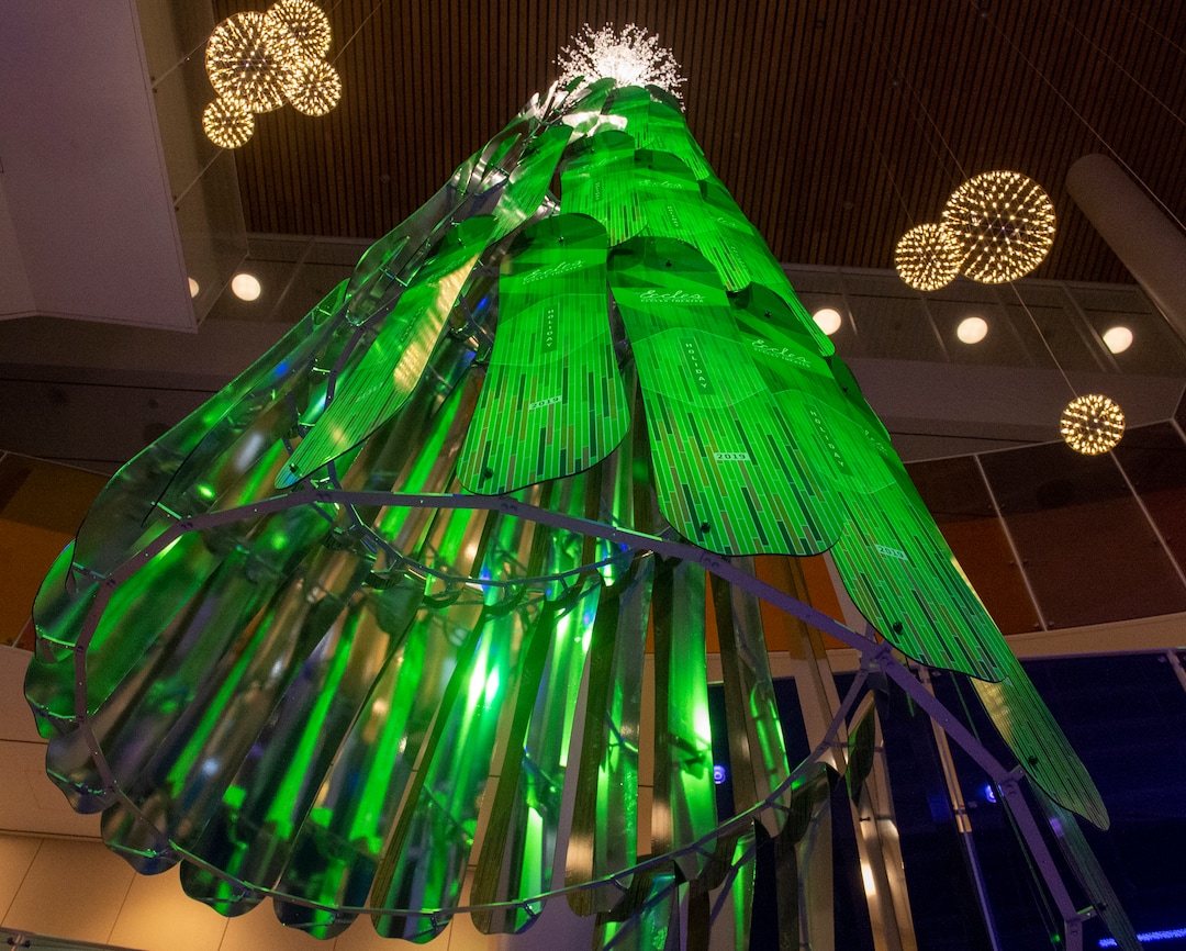 (Rick Egan  |  The Salt Lake Tribune) Eccles Theater unveils its annual Holiday Tree art installation, Monday, Dec. 2, 2019. The title is "Winter Wind," created by Rob Beishline & Shelley Beishline of Tooza Design. The work features 75 snowboards.