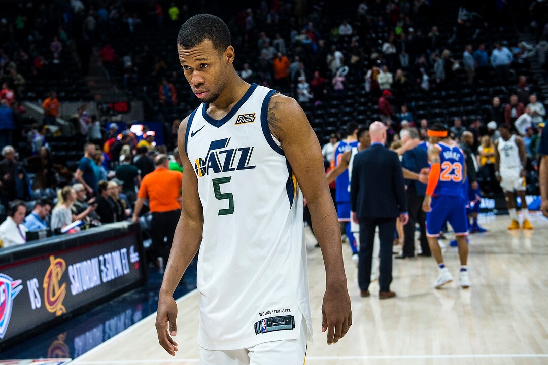(Chris Detrick  |  The Salt Lake Tribune)  Utah Jazz guard Rodney Hood (5) walks off of the court after the game at Vivint Smart Home Arena Saturday, January 20, 2018.  New York Knicks defeated Utah Jazz 117-115.