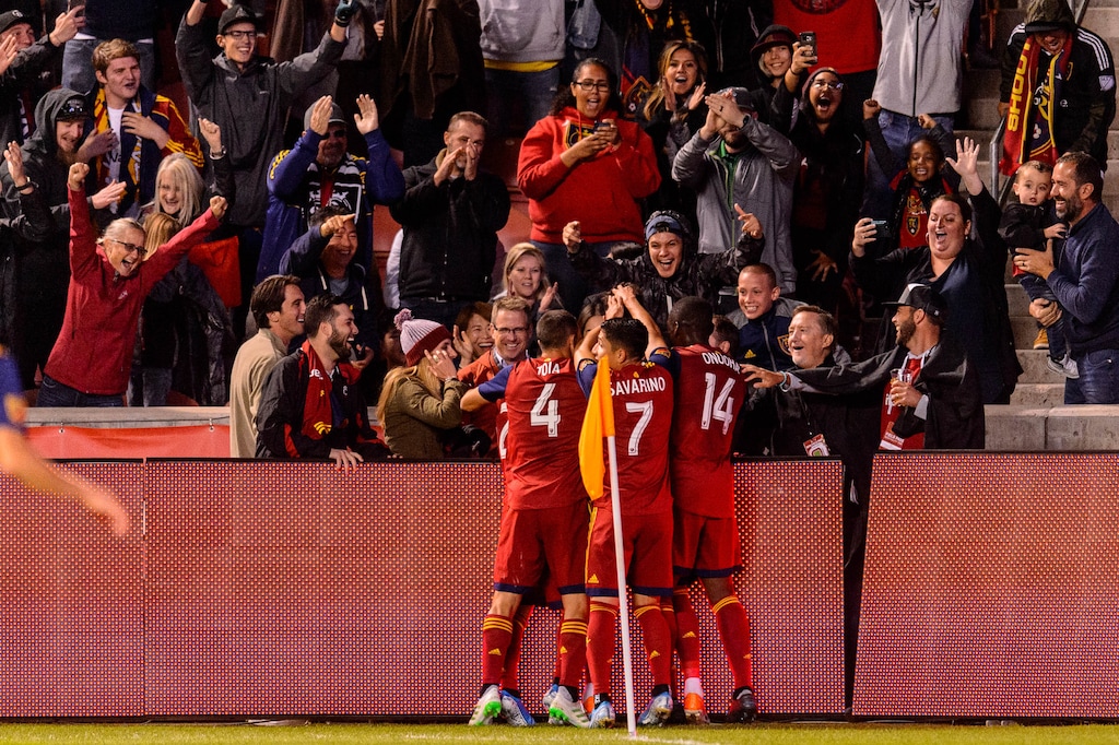 (Trent Nelson  |  The Salt Lake Tribune)  Real Salt Lake midfielder Damir Kreilach (8) celebrates a goal as Real Salt Lake hosts the San Jose Earthquakes, MLS soccer at Rio Tinto Stadium in Sandy on Wednesday Sept. 11, 2019.