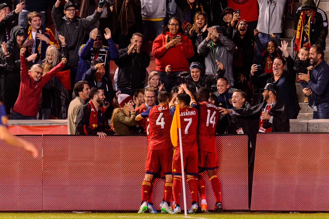 (Trent Nelson  |  The Salt Lake Tribune)  Real Salt Lake midfielder Damir Kreilach (8) celebrates a goal as Real Salt Lake hosts the San Jose Earthquakes, MLS soccer at Rio Tinto Stadium in Sandy on Wednesday Sept. 11, 2019.
