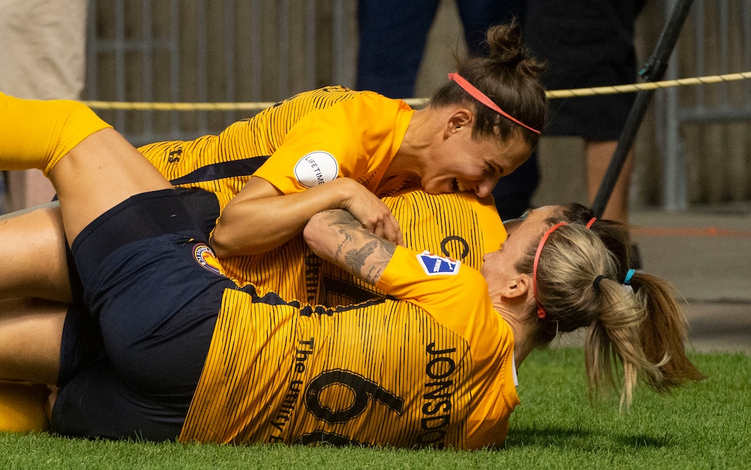 (Rick Egan  |  The Salt Lake Tribune)     Utah Royals celebrate Rachel Corsie (2) game tying goal, in Soccer action between Utah Royals FC and Portland Thorns FC, in Sandy, Friday, July 19, 2019.