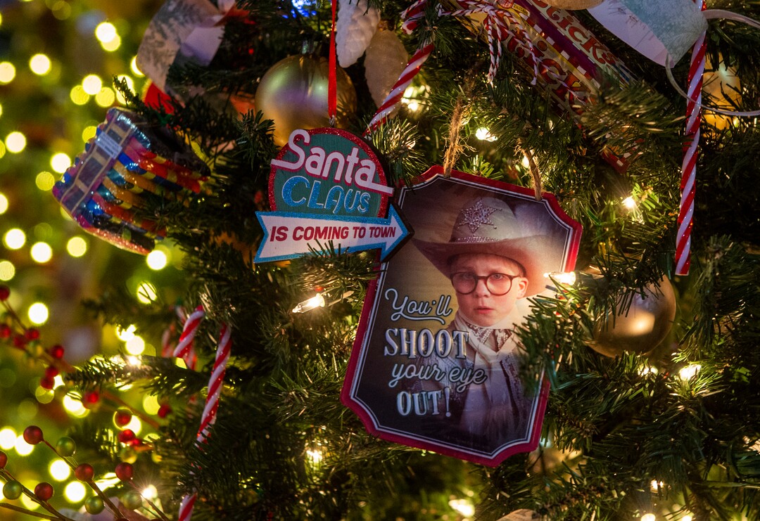 (Rick Egan | The Salt Lake Tribune) An ornament referencing the movie "A Christmas Story" decorates one of the 150 trees that are a part of Festival of Trees, the Utah holiday fund-raiser for Primary Children's Hospital. This year's event, previewed to the media on Monday, Nov. 23, 2020, happens in Vivint Smart Home Arena, but will only be seen by the public online.