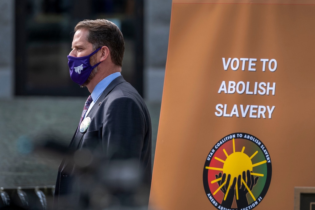 (Leah Hogsten | The Salt Lake Tribune) Sen. Jake Andergg, R-Lehi, told the crowd he was "shocked" that the Utah constitution still contained words banning slavery "except as a punishment for crime, whereof the party shall have been duly convicted" hadn't already been removed on Tuesday. A coalition of politicians, religious leaders and civil rights activists are urged Utahns to pass Amendment C on the ballot to remove old wording in the state constitution, Sept. 22, 2020, that they say still allows slavery as a punishment for crime.