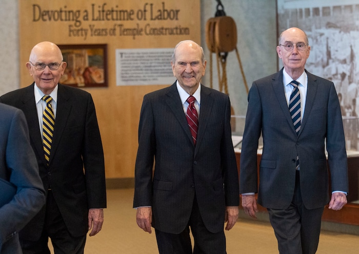 (Rick Egan  |  The Salt Lake Tribune)    Dallen H. Oaks, President Russell M. Nelson and Henry B. Eyring arrive at the South visitors center on Temple Square, for a news conference on the upcoming closure and renovation of the Salt Lake Temple, Temple Square and the adjoining plaza near the Church Office Building. 
Friday, April 19, 2019.