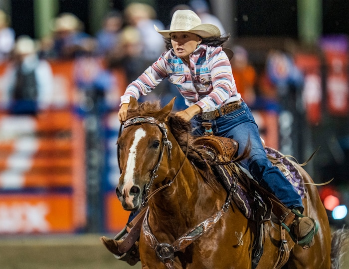 (Rick Egan | The Salt Lake Tribune)  Jordan Briggs competes in the barrel racing event at the Utah Days of '47 Rodeo at the State Fairpark, on Monday, July 25, 2022.