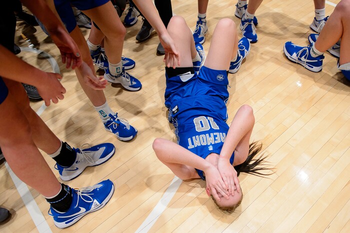 (Trent Nelson  |  The Salt Lake Tribune) Fremont's Kallin Freestone celebrates as Fremont defeats Herriman High School in the 6A girls basketball state championship game, in Taylorsville on Saturday, March 6, 2021.