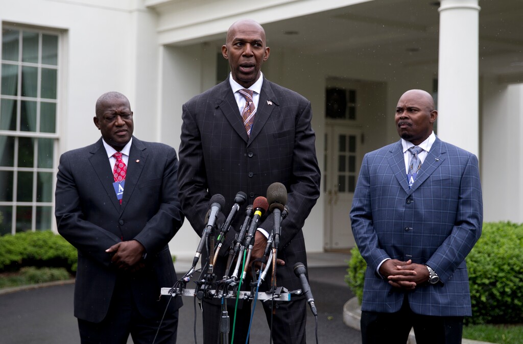 (Carolyn Kaster | AP) From left, Dereck Whittenburg, Thurl Bailey, and Sidney Lowe, members of the 1983 North Carolina State NCAA National Championship basketball team, talk with media outside the White House in Washington, Monday, May 9, 2016, after they, and others, met with President Barack Obama in the East Room. 33 years after their 1983 Men's National Basketball Championship, the president welcomes the North Carolina Wolfpack to the White House to honor their historic win.
