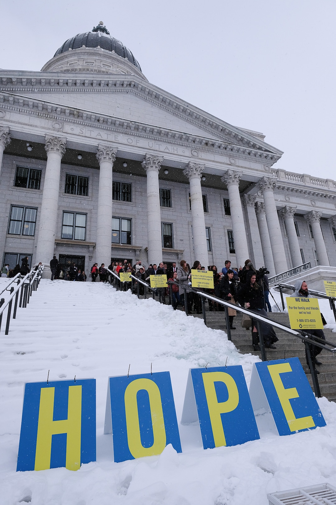 (Francisco Kjolseth  |  The Salt Lake Tribune)  People gather on the front steps of the Utah Capitol on Tuesday, Feb. 20, 2018, to release 25 doves representing the number of attempts for every suicide death. The newly formed suicide prevention task force was presenting their report, highlighting crisis response, reducing risk factors and protective measures.  