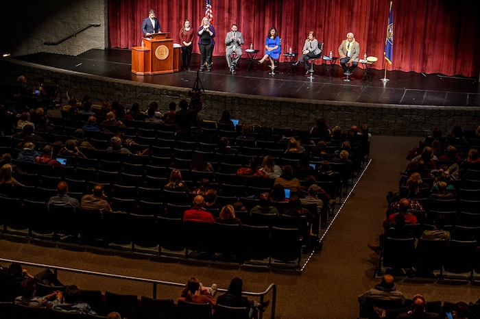 (Trent Nelson | The Salt Lake Tribune)  
The four candidates for Salt Lake County mayor face off in a debate at Jordan High School in Sandy on Thursday Jan. 24, 2019. From left, Arlyn Bradshaw, Shireen Ghorbani, Jenny Wilson, and Stone Fonua.