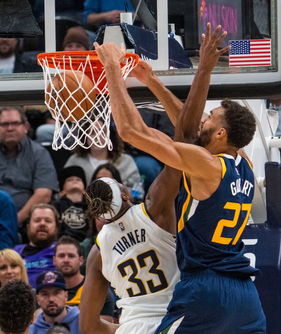 (Rick Egan | The Salt Lake Tribune) Utah Jazz center Rudy Gobert (27) dunks the ball over Indiana Pacers center Myles Turner (33), in NBA action between the Utah Jazz and the Indiana Pacers at Vivint Arena, on Thursday, Nov. 11, 2021.