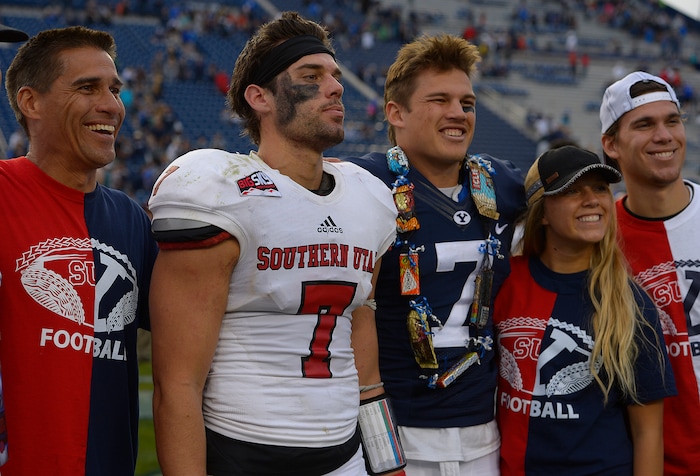 Leah Hogsten  |  The Salt Lake TribuneGordon Hannemann (left) and family members pose for pictures with sons Southern Utah Thunderbirds safety Kyle Hannemann (7) and Brigham Young Cougars defensive back Micah Hannemann (7). Brigham Young University defeated Southern Utah University 37-7 during their first match up at LaVell Edwards Stadium,  Saturday, November 12, 2016.