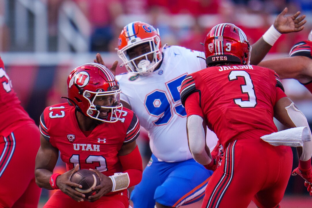 (Trent Nelson  |  The Salt Lake Tribune) Utah Utes quarterback Nate Johnson (13) as the Utah Utes host the Florida Gators, NCAA football in Salt Lake City on Thursday, Aug. 31, 2023.