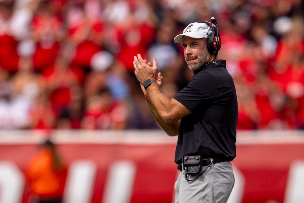 (Trent Nelson  |  The Salt Lake Tribune) Utah Utes head coach Morgan Scalley as Utah hosts Utah State, NCAA football in Salt Lake City on Saturday, Sept. 19, 2026.