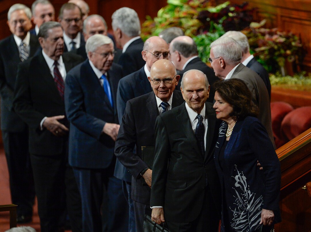 (Francisco Kjolseth  |  The Salt Lake Tribune)  President Russell M. Nelson is joined by his wife, Wendy, after the conclusion of the 189th twice-annual General Conference of The Church of Jesus Christ of Latter-day Saints at the Conference Center in Salt Lake City on Sunday, Oct. 6, 2019.