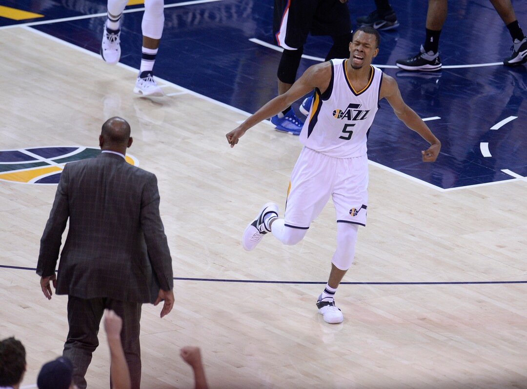 Scott Sommerdorf | The Salt Lake TribuneUtah Jazz guard Rodney Hood (5) celebrates a key basket late in the game. The Utah Jazz beat the LA Clipper 105-98 to take Game 4 and tie up the Western Conference playoff series at 2-2, Sunday, April 23, 2017. 