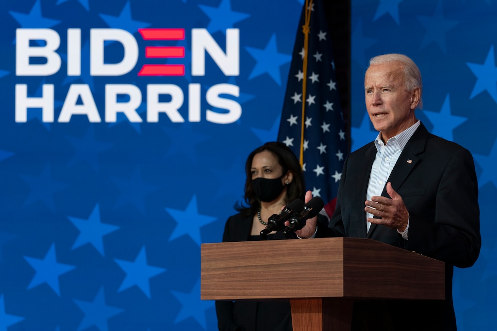 (Carolyn Kaster | AP) Democratic presidential candidate former Vice President Joe Biden joined by Democratic vice presidential candidate Sen. Kamala Harris, D-Calif., speaks at The Queen theater Thursday, Nov. 5, 2020, in Wilmington, Del.