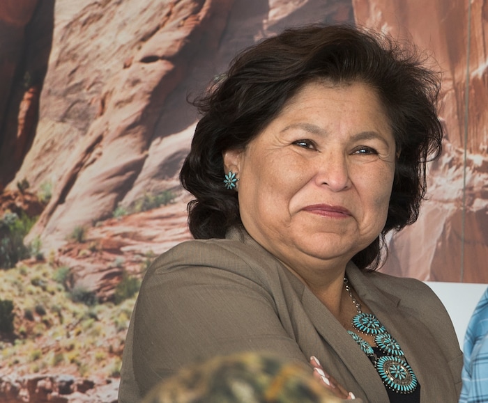 (Leah Hogsten  |  The Salt Lake Tribune)  San Juan County Commissioner Rebecca Benally greets county residents prior to Thursday's, November 16, 2017, county hearings in Monticello and Bluff to present proposals of the newly redrawn county commission and school board districts . The redistricting proposals would redraw voting districts to ensure significant American Indian majorities in two of three County Commission districts and on four of five school board voting districts as the result of a January 2012 lawsuit filed in U.S. District Court by the Navajo Nation. The lawsuit seeks the redrawing of voting districts to reflect the 2010 U.S. Census. Last year, U. S. District Court Judge Robert Shelby ruled the voting districts in the sprawling southeastern Utah county, which today is home to 16,895 residents, are unconstitutional and violate the rights of American Indians. He ordered the county to redraw them.
