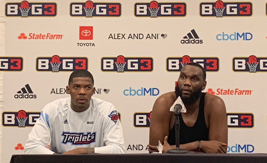 (Eric Walden | The Salt Lake Tribune) Former Utah Jazz players Joe Johnson and Al Jefferson address the media after the Triplets' 51-34 win over the Ball Hogs in the BIG3 basketball league's visit to Vivint Smart Home Arena in Salt Lake City on Saturday, July 27, 2019.