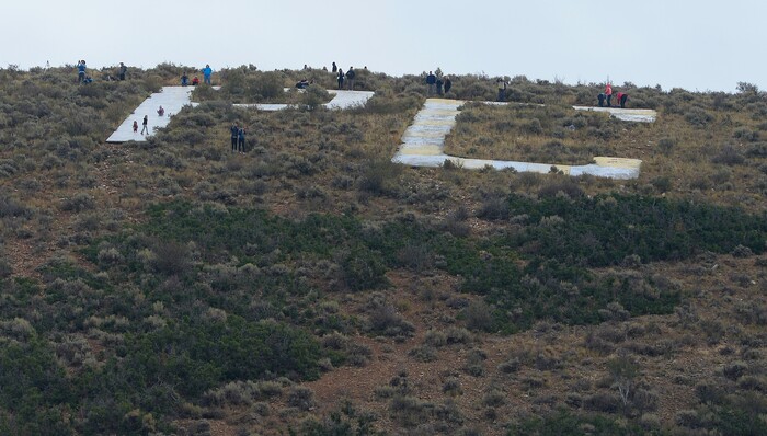 (Scott Sommerdorf | The Salt Lake Tribune)
Balloon launch spectators hiked to the "PC" at the 4th annual Autumn Aloft Hot Air Balloon Festival in Park City, Sunday, September 17, 2017.