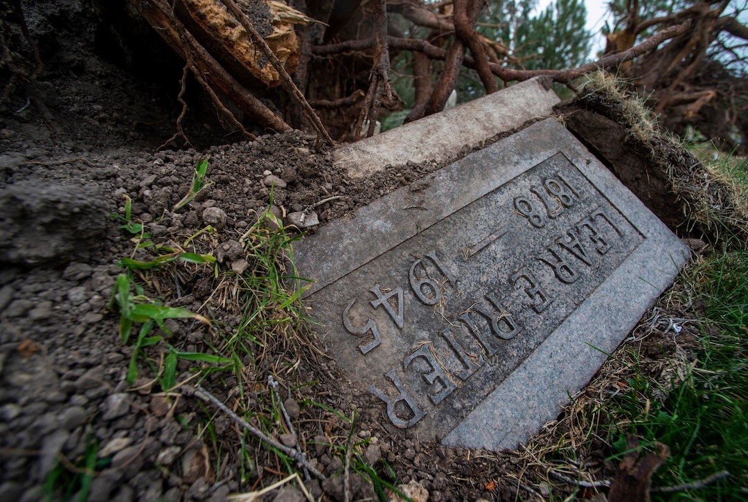 (Rick Egan  |  The Salt Lake Tribune)    Hundreds of headstones in the Salt Lake City Cemetery were damages in the recent wind storm, Friday, Sept. 18, 2020.