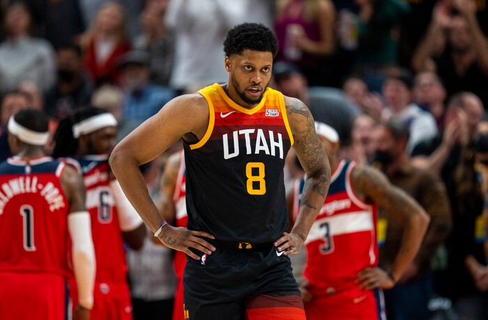 (Rick Egan | The Salt Lake Tribune)  Utah Jazz forward Rudy Gay (8) walks to the free throw line, in NBA action between the Utah Jazz and the Washington Wizards, at Vivint Arena on Saturday, Dec. 18, 2021.