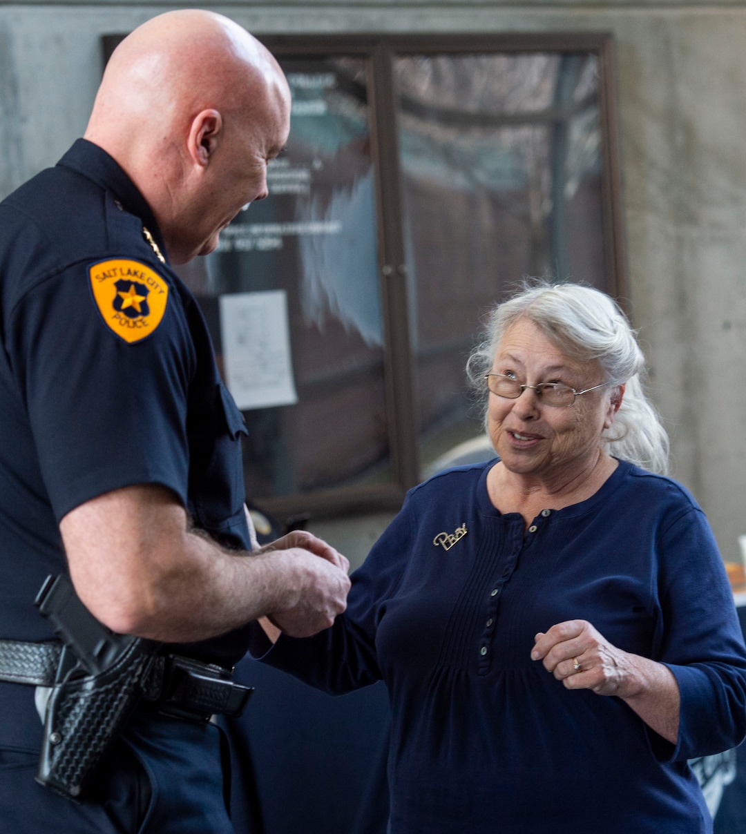 (Rick Egan  |  The Salt Lake Tribune)   Salt Lake City Police Chief, Mike Brown talks to Linda Fields about her husband James, that went missing earlier this week at the inaugural Missing In Utah event in Sandy. The Salt Lake City Police Department, and nonprofit organizations invited people to come talk with them about opening a new, or adding to an existing, missing person case. Saturday, March 9, 2019.
