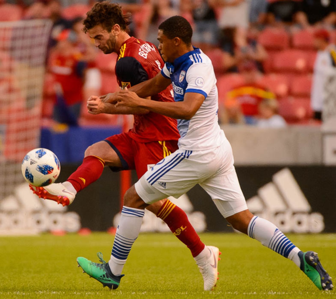 (Trent Nelson | The Salt Lake Tribune)  Real Salt Lake hosts FC Dallas, MLS soccer at Rio Tinto Stadium in Sandy, Saturday July 7, 2018. Real Salt Lake midfielder Kyle Beckerman (5) and FC Dallas defender Reggie Cannon (2).