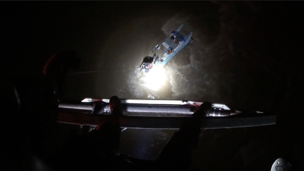 (Department of Public Safety) Camera footage shows the helicopter rescue of four people — one of whom is a staffer for Sen. John Curtis — after the raft they were on got pinned on Big Drop 3 rapid in the Cataract Canyon section of the Colorado River, May 11, 2025.