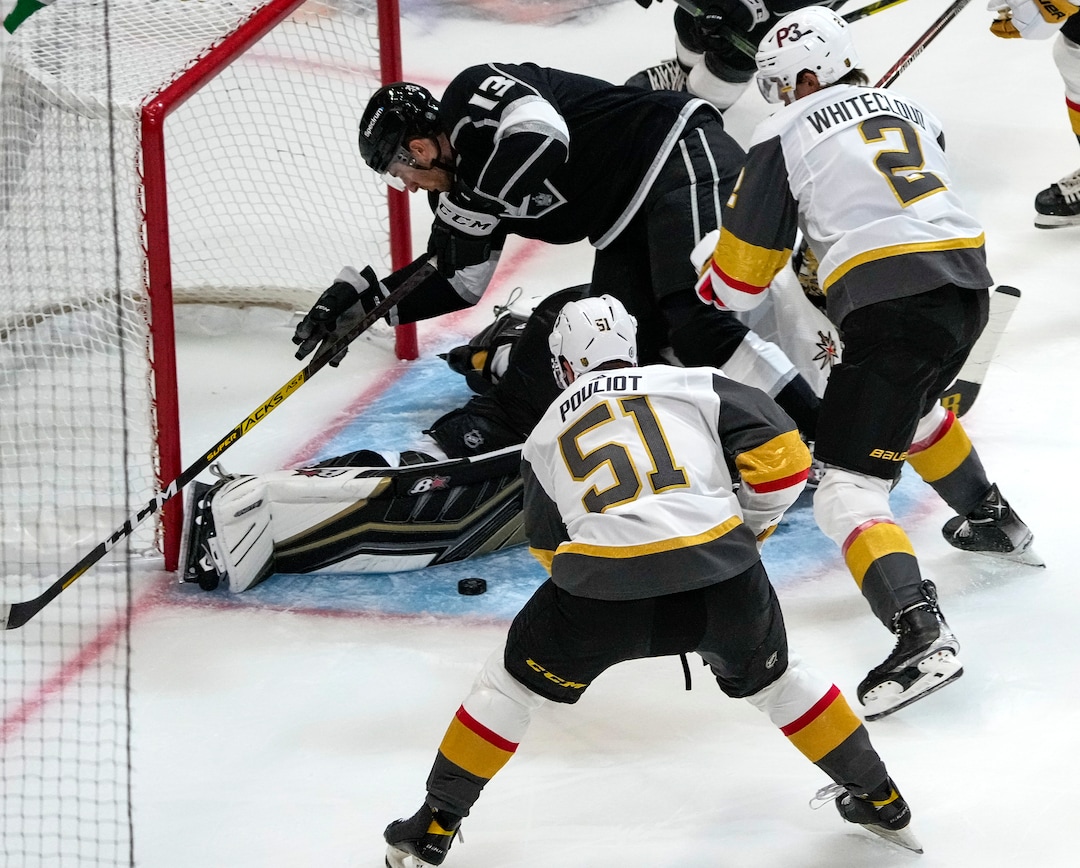 (Leah Hogsten | The Salt Lake Tribune) Los Angeles Kings center Gabriel Vilardi (13) heads into the net past Vegas Golden Knights goaltender Robin Lehner (90) as the Los Angeles Kings and Vegas Knights meet in a preseason game at Vivint Arena on Sept. 30, 2021.