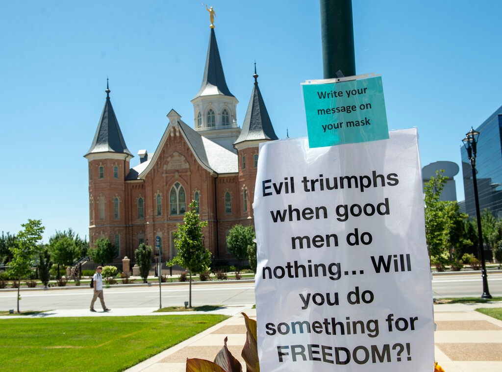(Rick Egan | Tribune file photo)    Residents gather for a rally protesting against masks being required in schools, before the Utah County Commission meeting in Provo, on Wednesday, July 15, 2020.