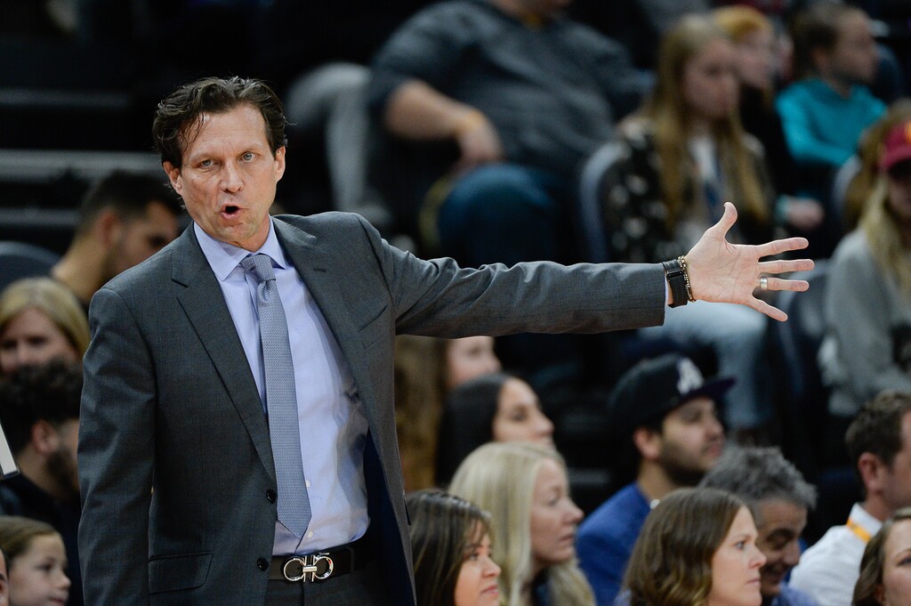 (Francisco Kjolseth  |  The Salt Lake Tribune) Utah Jazz coach Quin Snyder speaks with his players as the Utah Jazz host the Detroit Pistons in their NBA basketball game at Vivint Smart Home Arena in Salt Lake City on Monday, Dec. 30, 2019.