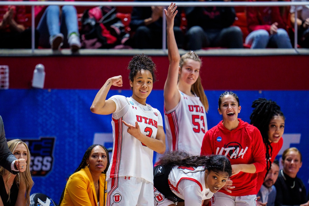 (Trent Nelson  |  The Salt Lake Tribune) Utah Utes guard Lani White (3) celebrates a Utah Utes forward Alissa Pili (35) score as Utah hosts Princeton, NCAA basketball in Salt Lake City on Sunday, March 19, 2023.