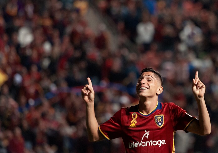 (Michael Mangum  |  Special to the Tribune)  Real Salt Lake forward Jefferson Savarino (7) celebrates his second half goal during their MLS match against the Portland Timbers at Rio Tinto Stadium in Sandy, UT on Saturday, September 16, 2017.