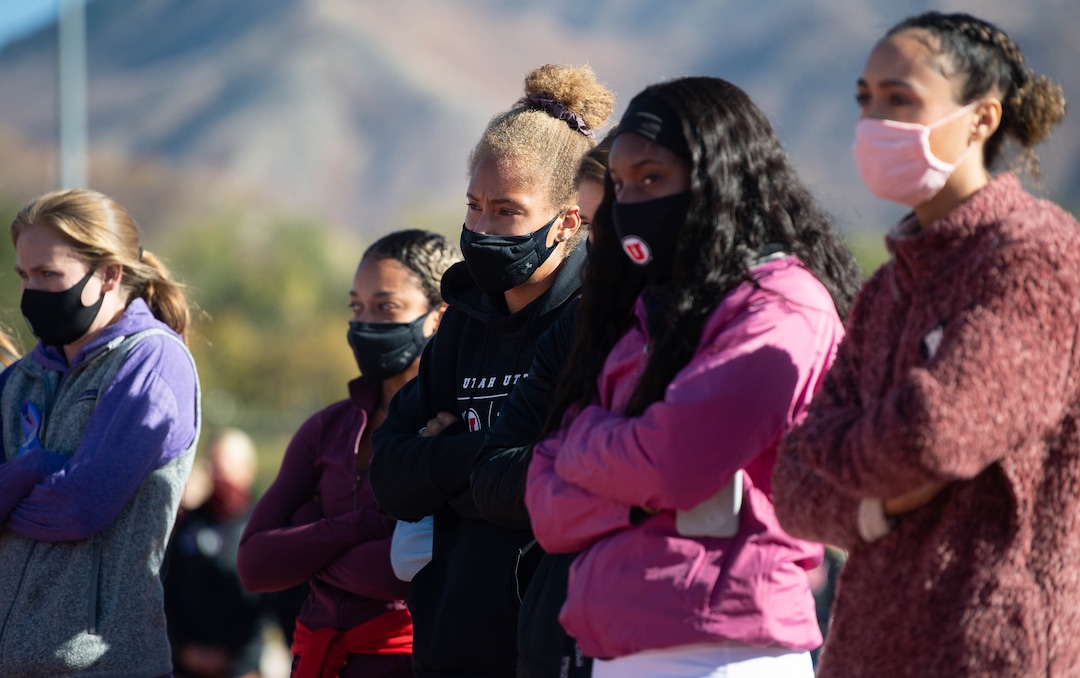 (Francisco Kjolseth  |  The Salt Lake Tribune) Members of the track and field team attend a memorial walk for University of Utah student and track athlete Lauren McCluskey on Thursday, Oct. 22, 2020, on the two-year anniversary of her murder.